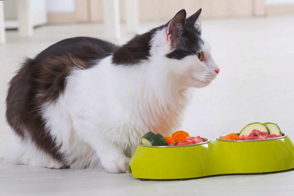 Cat eating healthy food