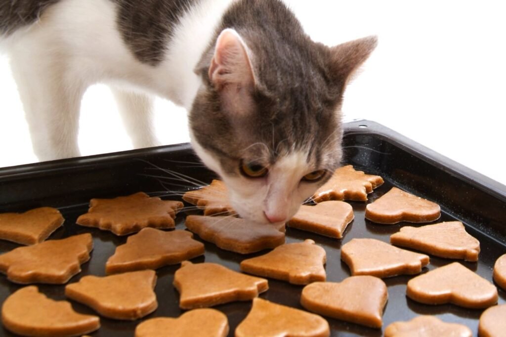 Cat smelling different shapes cookies