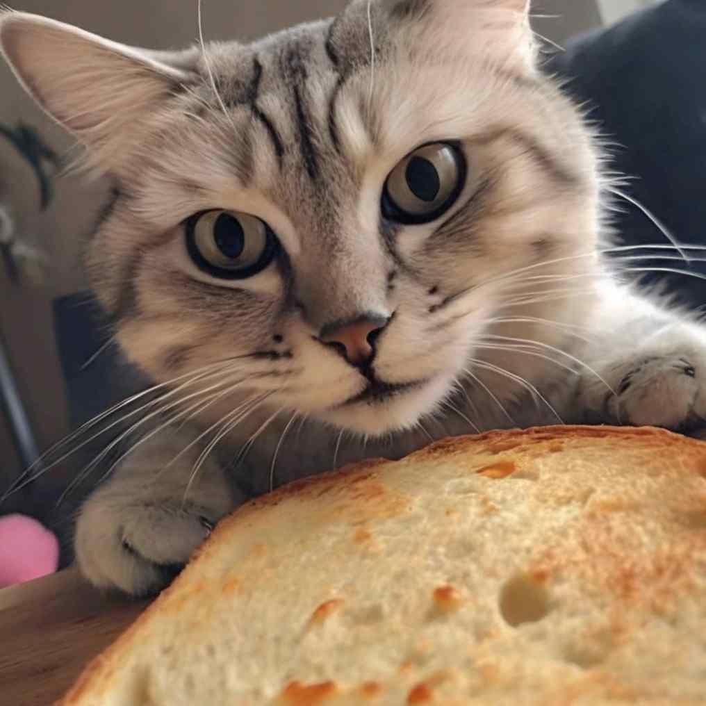 Cat with a piece of bread